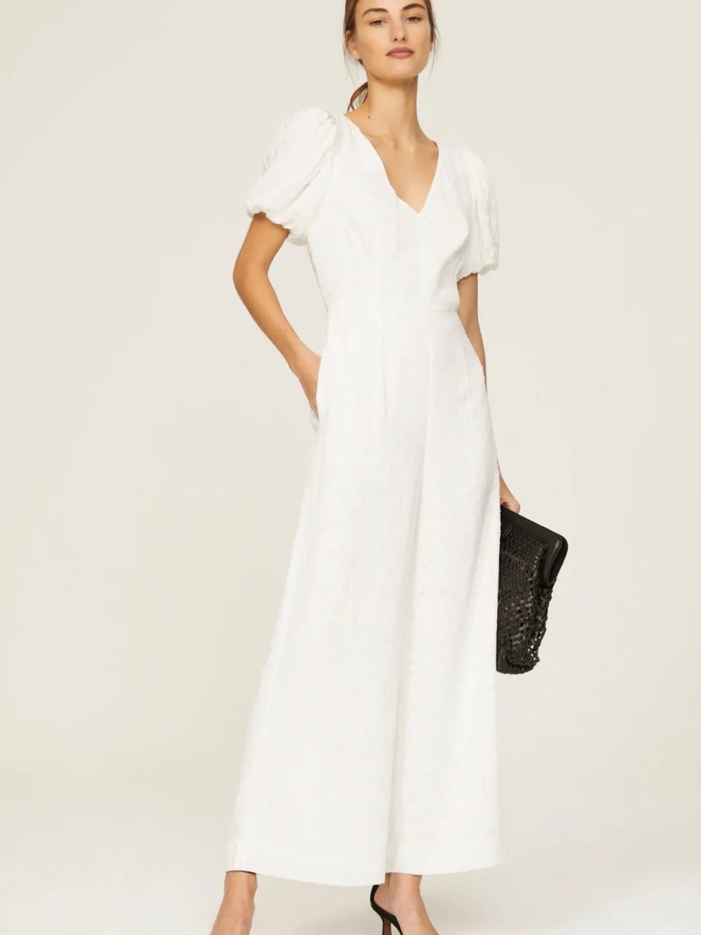 Club Monaco White V-Neck Jumpsuit with Puff Sleeves